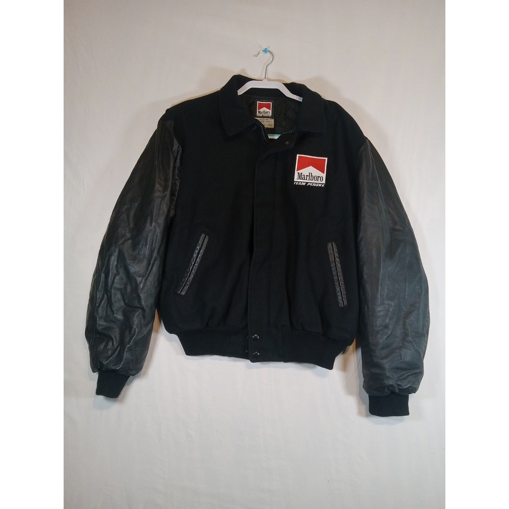 Vintage Marlboro Team Penske Mens  Black Bomber Jacket Wool Leather Large Stains